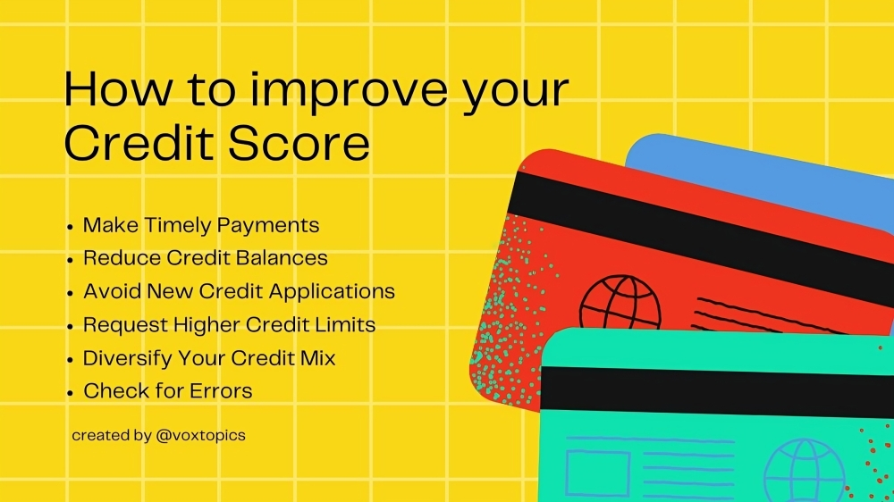 Yellow background with credit score improvement tips and illustrated credit cards.